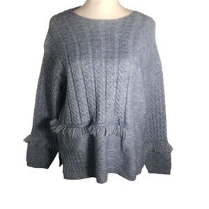 True Luxe blue cable knit fringed sweater. Sz Small
